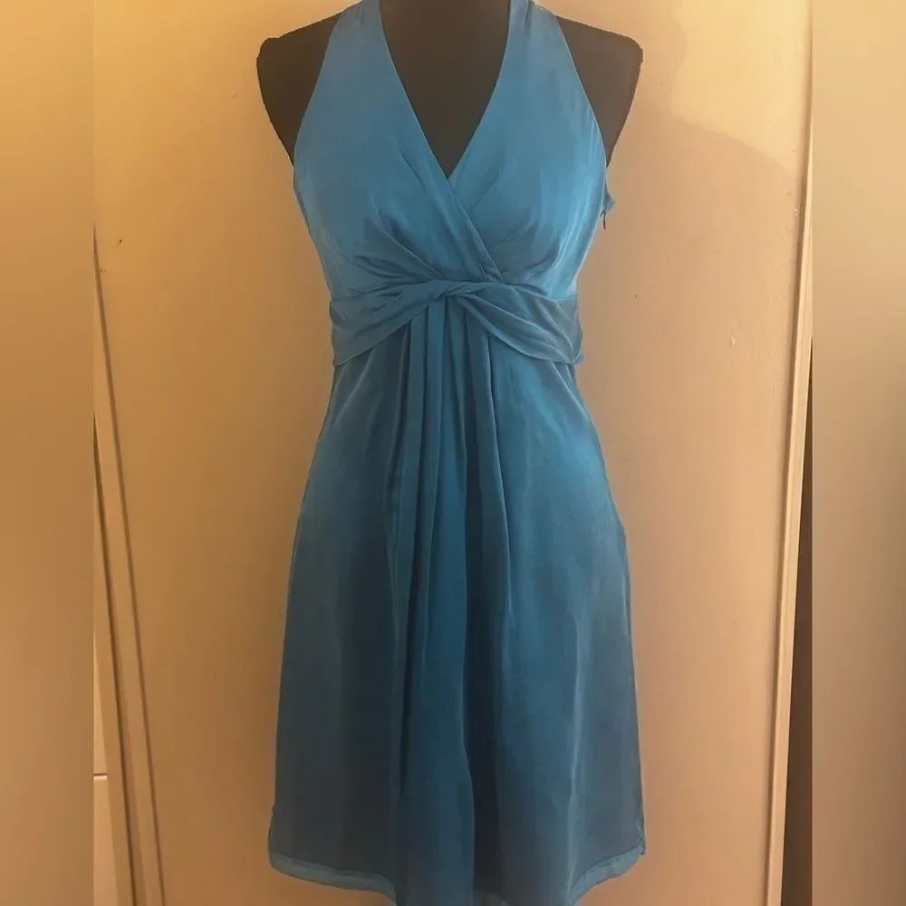 Ann Taylor Blue Silk Halter Neck Twist Waist Knee Length Cocktail Party Dress
